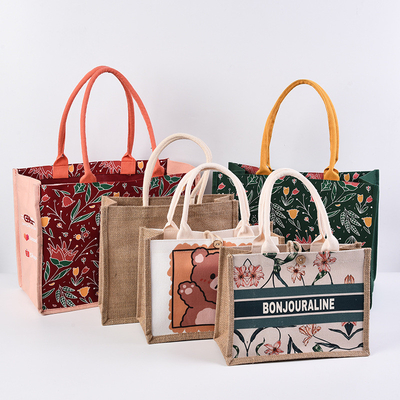 İyi bir fiyat. Kişiselleştirilmiş Doğal Tuval Baskılı Jute Çantaları Burlap Tote Çantaları çevrimiçi