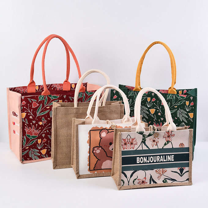 Kişiselleştirilmiş Doğal Tuval Baskılı Jute Çantaları Burlap Tote Çantaları 0